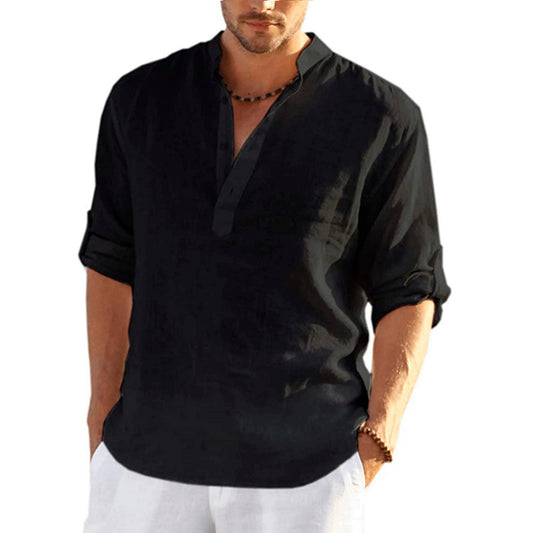 Casual shirts, loose cotton men's shirts, fashionable stand-up collar solid color long-sleeved T-shirts, handsome slim-fit tops Kiki of DC Styles Store
