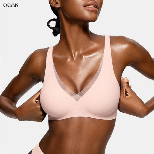 OEAK Deep V Mesh Wireless Bras for Women No Underwear Seamless Push up Comfortable Tshirt Bralettes Everyday Bra - Kiki of DC Styles Store