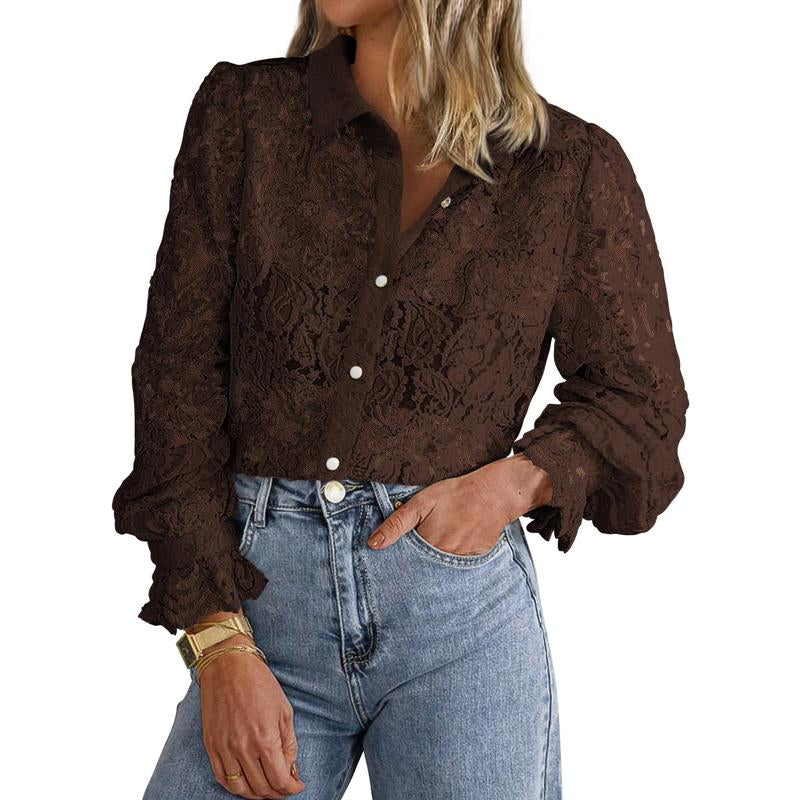 BTFBM Women'S Lace Blouses Long Sleeve Button down Tops 2025 Fall Fashion Shirt - Kiki of DC Styles Store