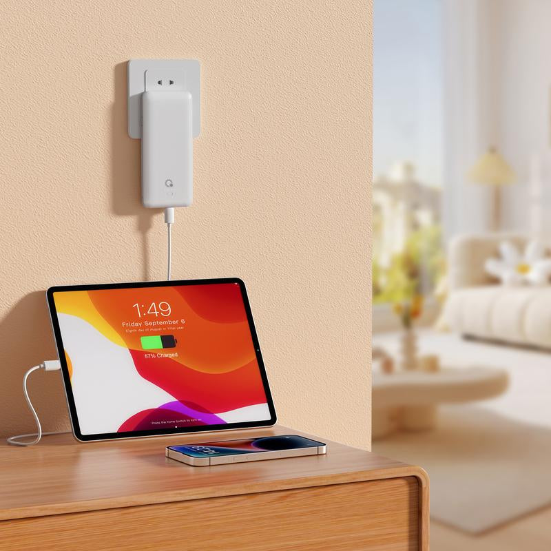 Portable Charger with Built-In Cables ,Slim USB C Power Back with AC Wall Plug, 10000Mah Travel Essentials External Battery Pack Compatible with Iphone,Samsung,Tablet and All Smart Phones(White) Charging Protection Cellphone Smartphone Electronic Adapter