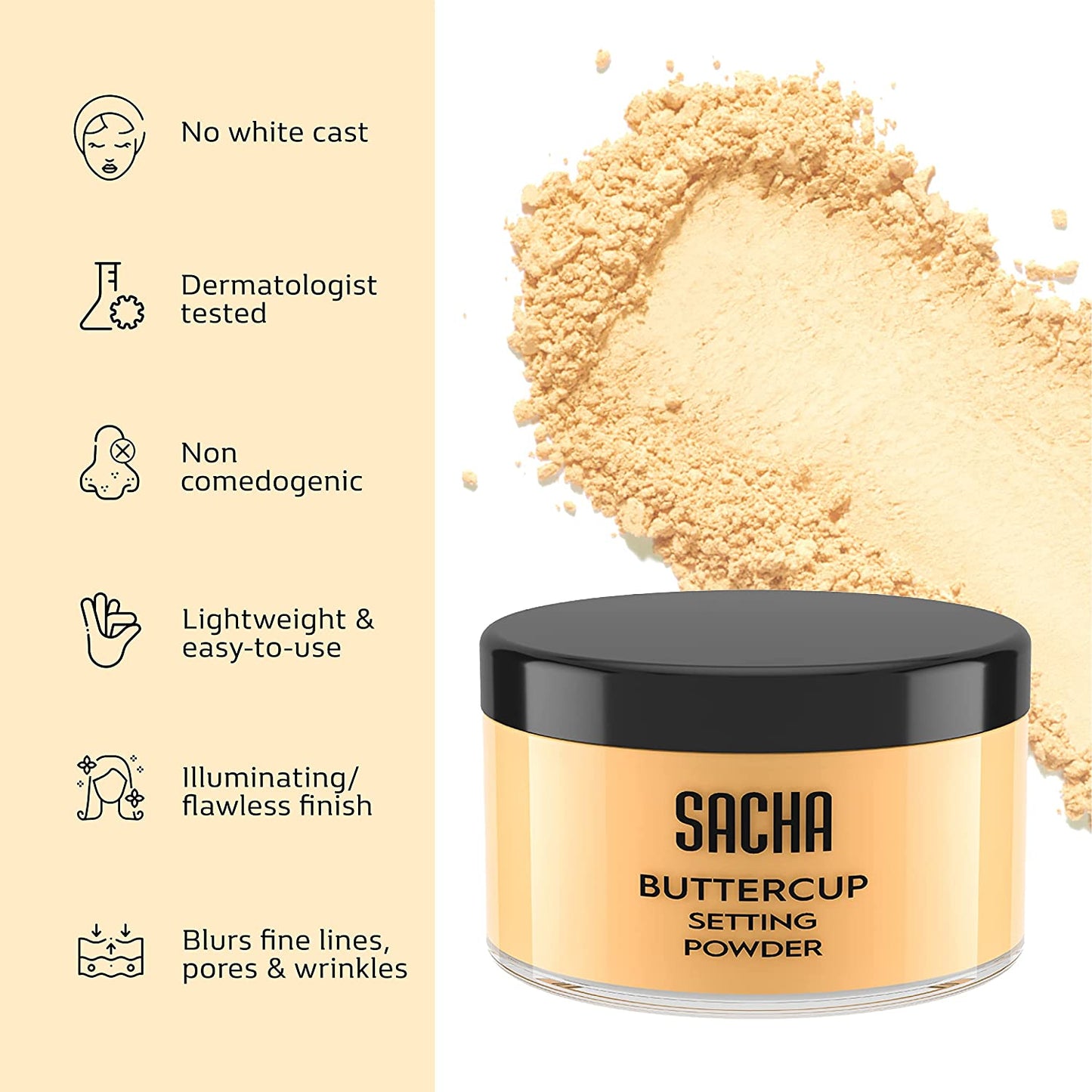 Sacha Buttercup Setting Powder - Translucent Loose Powder for Medium to Dark Skin Tones, 1.75 oz, Blurs Fine Lines and Pores, No Ashy Flashback, Ideal for Setting Makeup Foundation or Concealer.