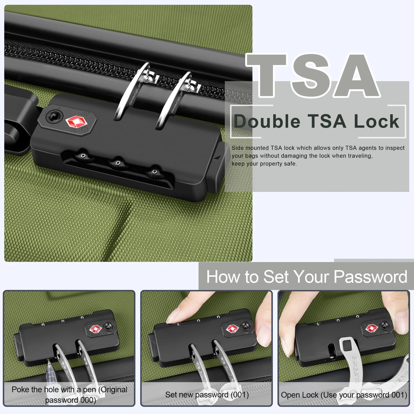 3 Piece Luggage Sets Hardshell Lightweight Suitcase with TSA Lock Spinner Wheels, Olive Green
