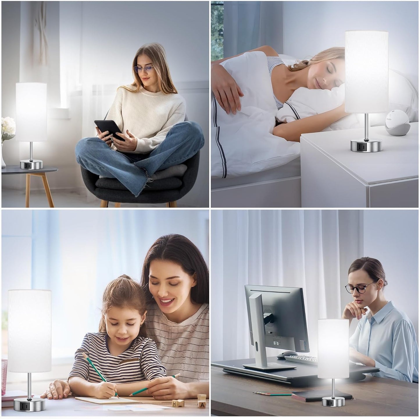 Touch Control Table Lamp Set of 2, 3-Way Dimmable Bedside Nightstand Lamps with 2 USB Ports & 2 AC Outlets, Modern Tabletop Lamps with White Shades, Desk Lamp for Bedroom Living Room, 2 Bulbs Included - Kiki of DC Styles Store