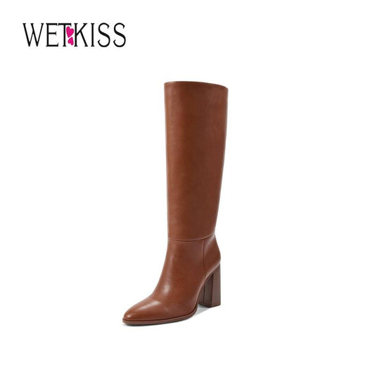 Wetkiss Pointed Toe Knee High Boots Women Chunky Heel Wide Calf Pull on Tall Boots for Work Date Dress Party Club Shoes Footwear Girl #Tiktokshopbacktoschool - Kiki of DC Styles Store