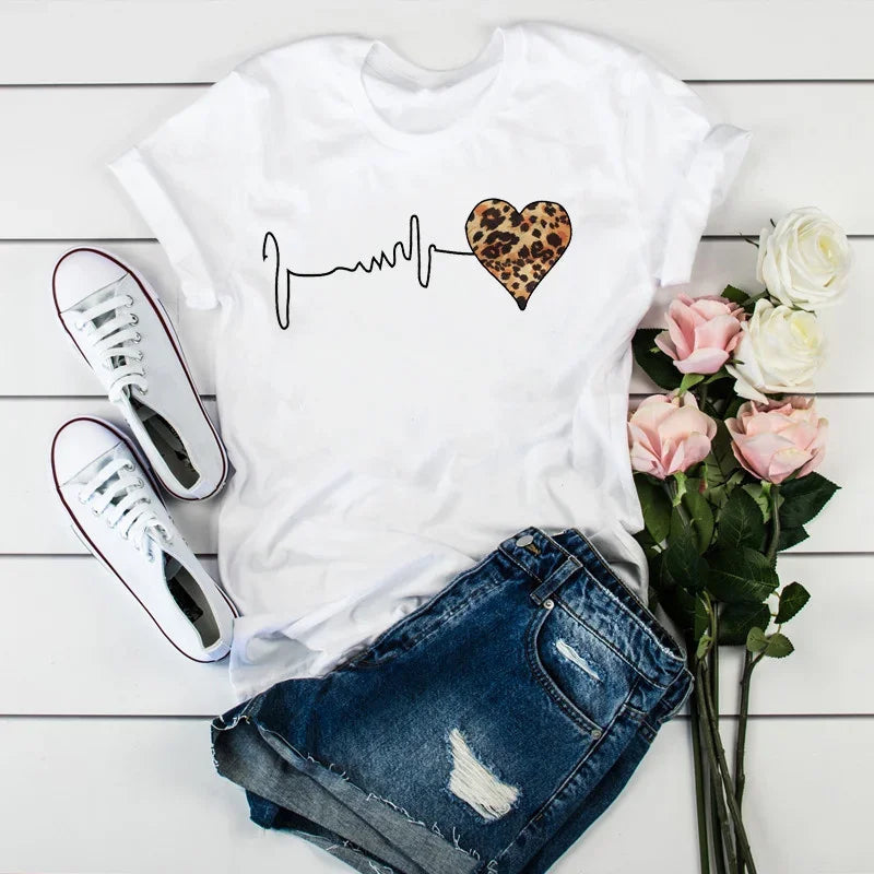 Summer New 90 's Leopard Heartbeat Short Sleeve Print Clothing Women's T-Shirt Harajuku Graphic Clothing Women's Top Tee Kiki of DC Styles Store