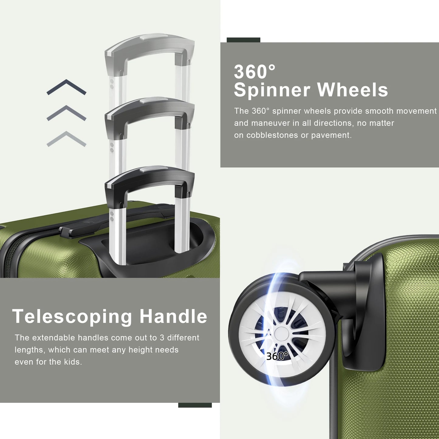 3 Piece Luggage Sets Hardshell Lightweight Suitcase with TSA Lock Spinner Wheels, Olive Green