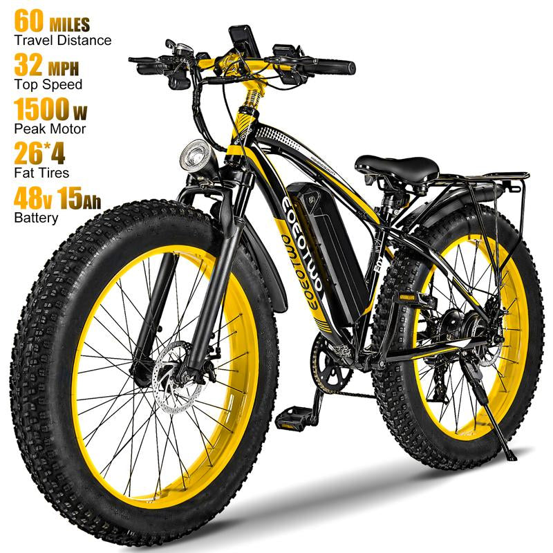 EOEOTWO 1500W Electric Bicycle - 30+ MPH, 70 Miles Range, 48V 15AH Battery, Front Suspension, 26" x 4.0" Tires for Snow & Mountain Riding