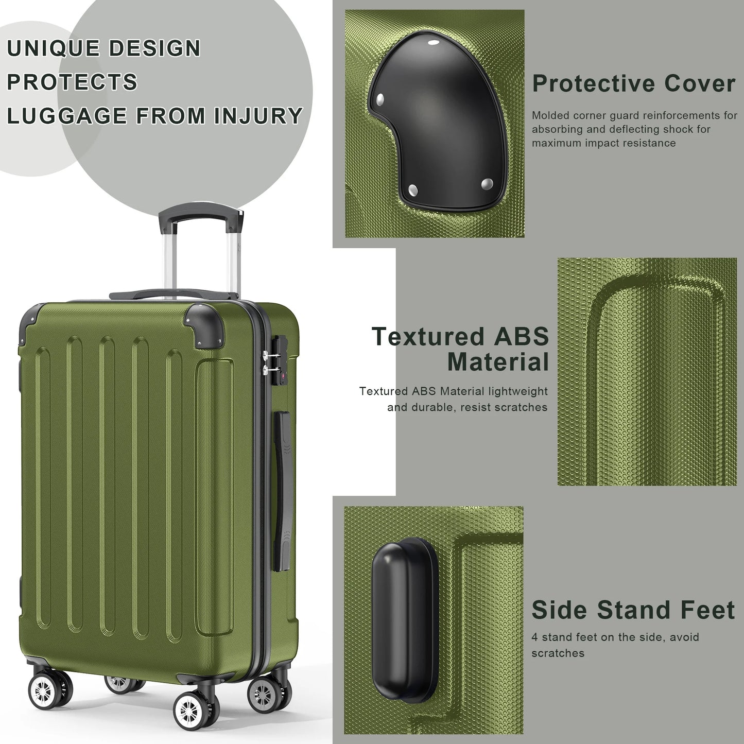 3 Piece Luggage Sets Hardshell Lightweight Suitcase with TSA Lock Spinner Wheels, Olive Green