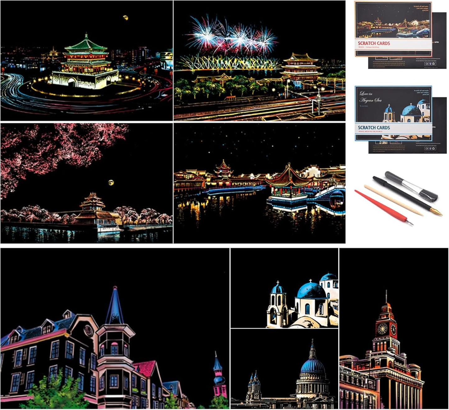 Scratch Art for Adults and Kids-City Landmarks Scratch Painting Craft Kit (8 Sheets A4)|DIY Foil Engraving Art Set|Stress Relief Gift for Travel Lovers,Craft Lovers,Home Decor(America/Europe)