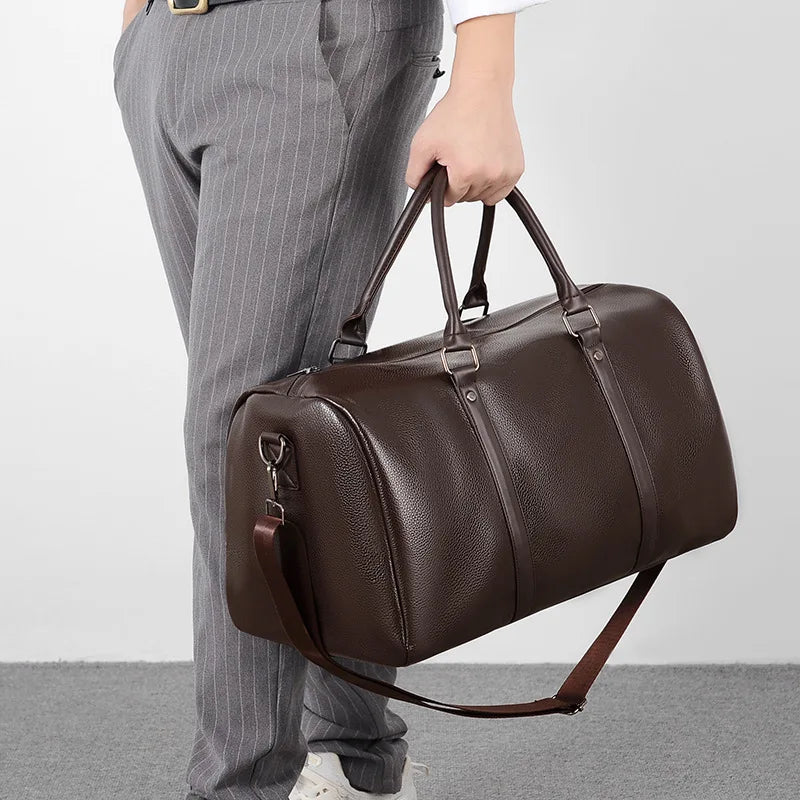 Men's Travel Handbag Casual Tote Bag PU Leather Male Gym Boston Shoes Pocket Fitness Luggage Duffle Shoulder Sports Side Bag