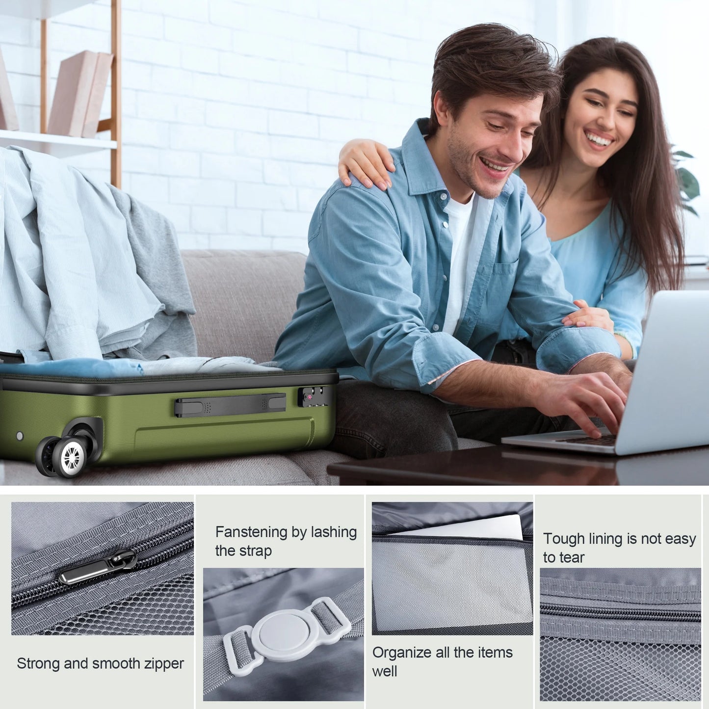 3 Piece Luggage Sets Hardshell Lightweight Suitcase with TSA Lock Spinner Wheels, Olive Green