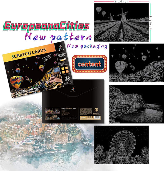 Scratch Art for Adults and Kids-City Landmarks Scratch Painting Craft Kit (8 Sheets A4)|DIY Foil Engraving Art Set|Stress Relief Gift for Travel Lovers,Craft Lovers,Home Decor(America/Europe)