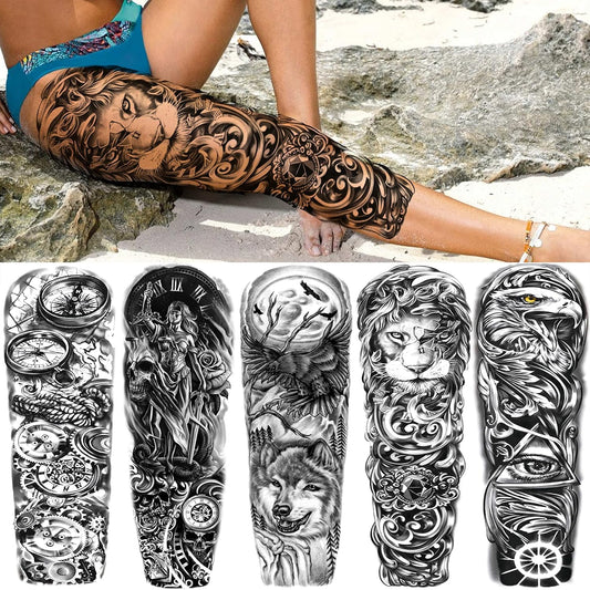 24 Sheets Cool Super Large Full Arm Temporary Tattoo Sleeve for Men with 8 Sheets for Women Thigh, 16 Sheets Flower Eagle Compass Adults Tribal Tiger Tatoo