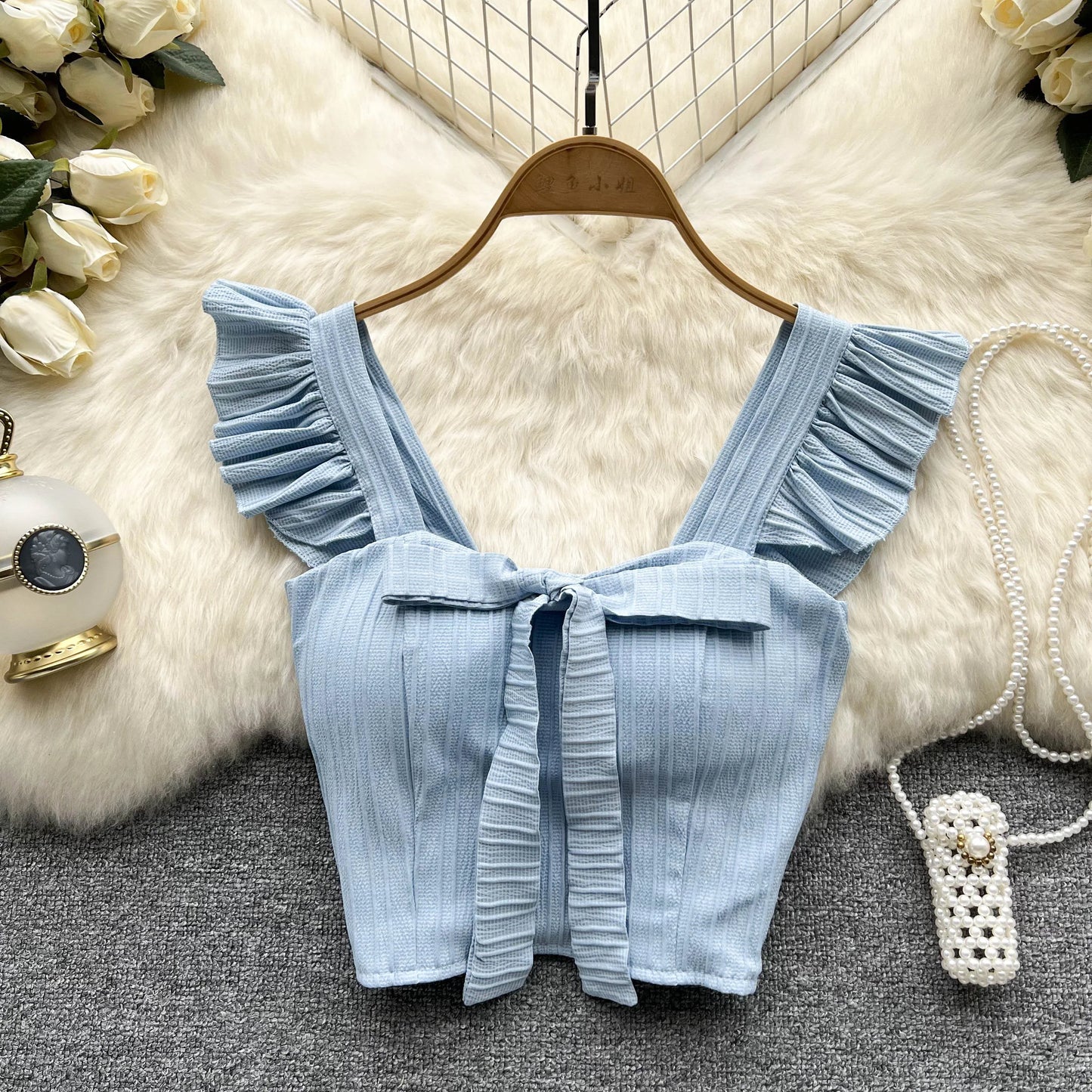 Elevate Your Summer Wardrobe with Our Chic Ruffled Camisole Featuring a Stylish Square Neck and Adorable Bow - Perfect for Casual Outings!