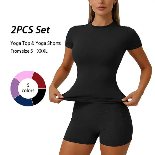 2 Piece Set Women's Yoga Suit Set Solid Color Quick Drying Short Sleeved Top with Pockets on Both Sides Shorts with Tight Fit Suitable for Yoga Gym Training Running Cycling Golf All Season Outdoor Simple and Versatile Short Sleeved Shorts
