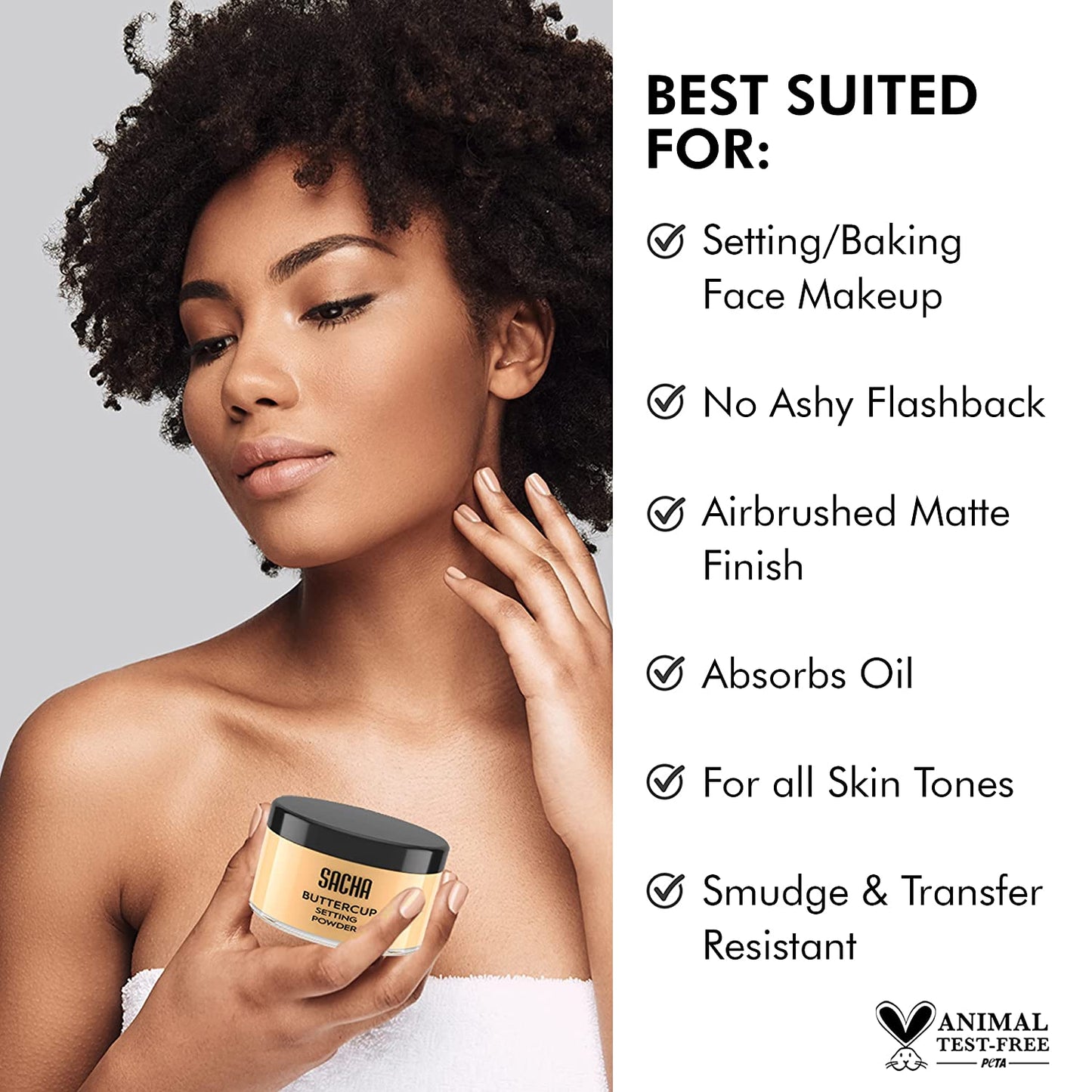 Sacha Buttercup Setting Powder - Translucent Loose Powder for Medium to Dark Skin Tones, 1.75 oz, Blurs Fine Lines and Pores, No Ashy Flashback, Ideal for Setting Makeup Foundation or Concealer.