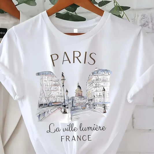 Paris Women Print T-shirt Girl Short Sleeve Crew Neck Casual Top for Summer & Spring, Women's Clothing - Kiki of DC Styles Store