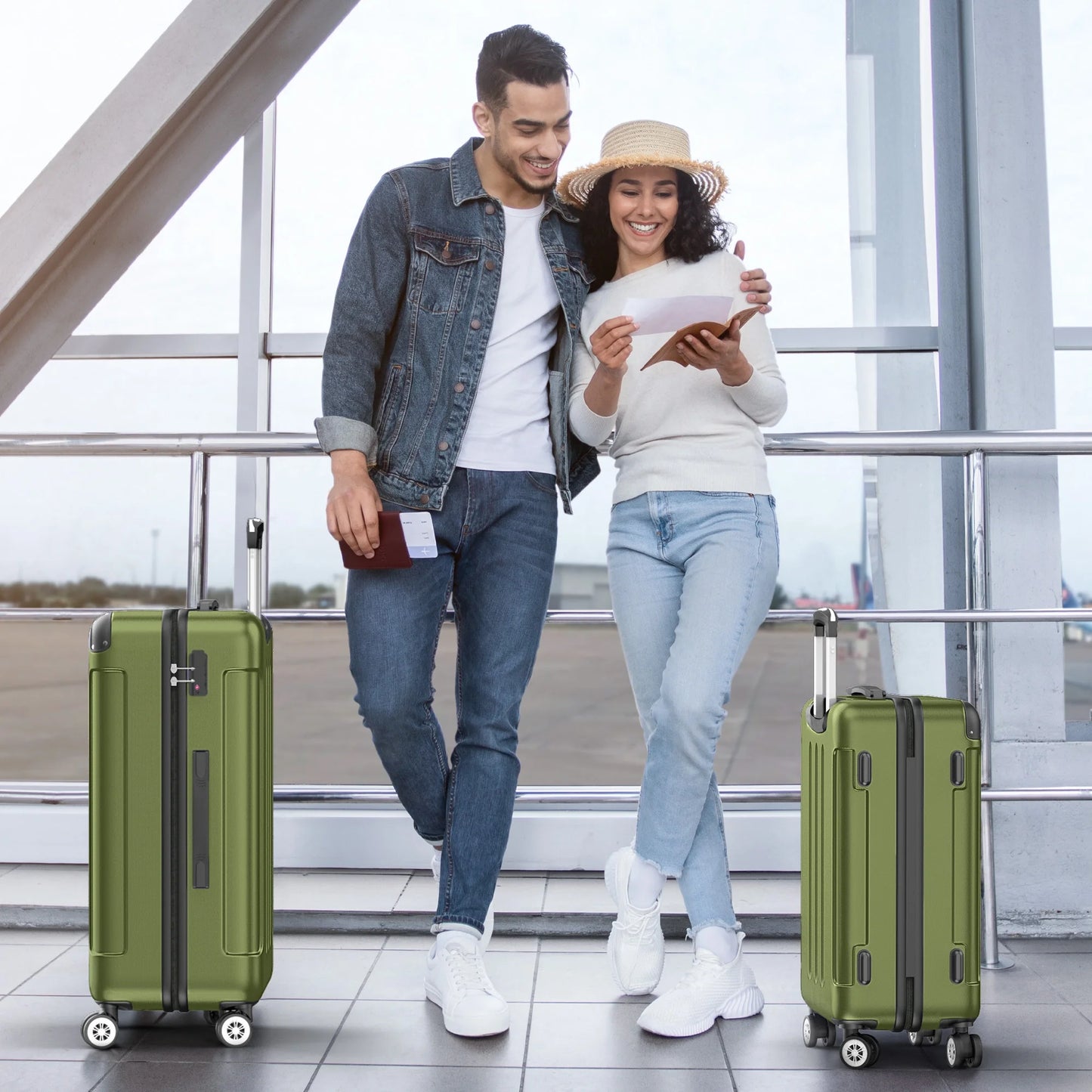 3 Piece Luggage Sets Hardshell Lightweight Suitcase with TSA Lock Spinner Wheels, Olive Green