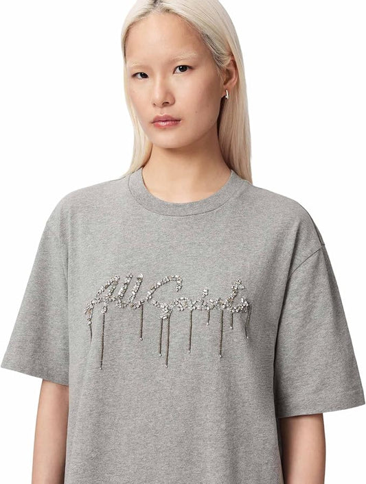 AllSaints Women's Chains Tee Dress – Grey Melange Cotton Short Sleeve Dress AllSaints
