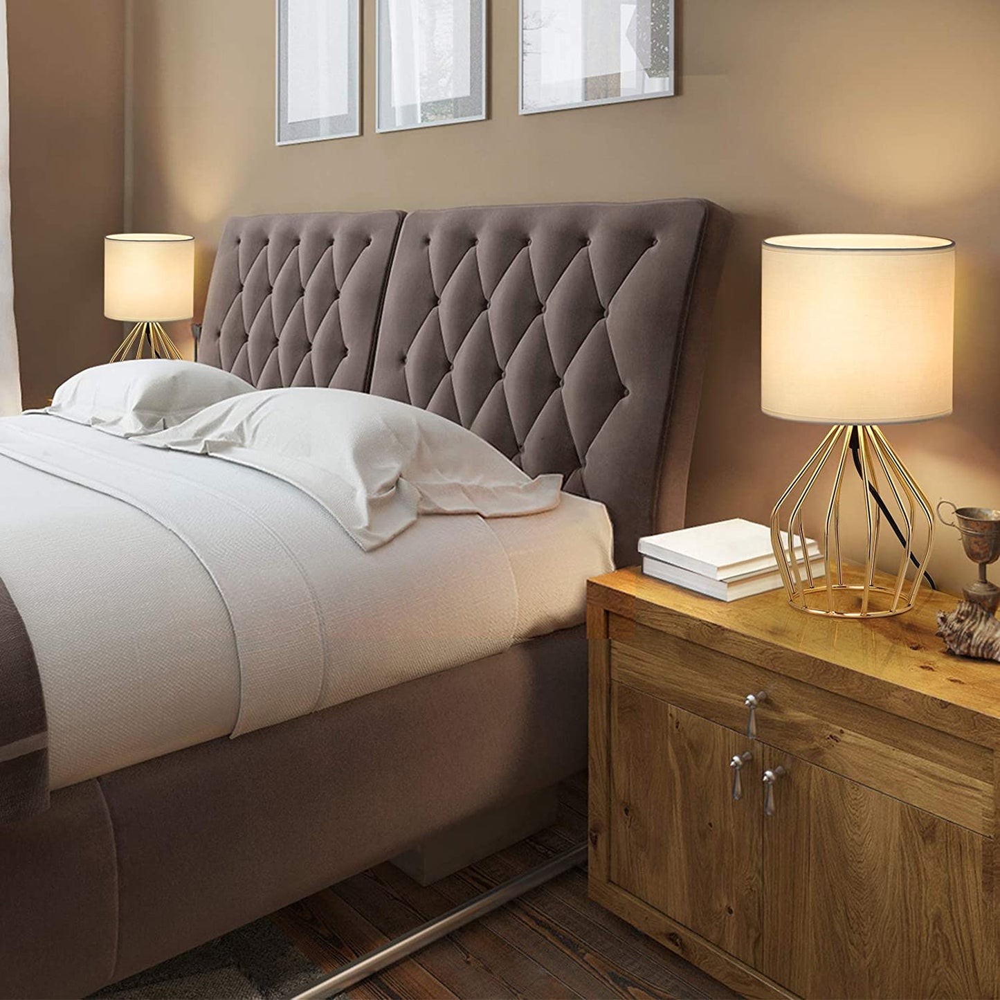 Gold Table Lamp - Modern Style Desk Lamp with Hollowed Out Base Linen Fabric Shade, Small Golden Bedside Lamp for Bedrooms, Living Room - Kiki of DC Styles Store