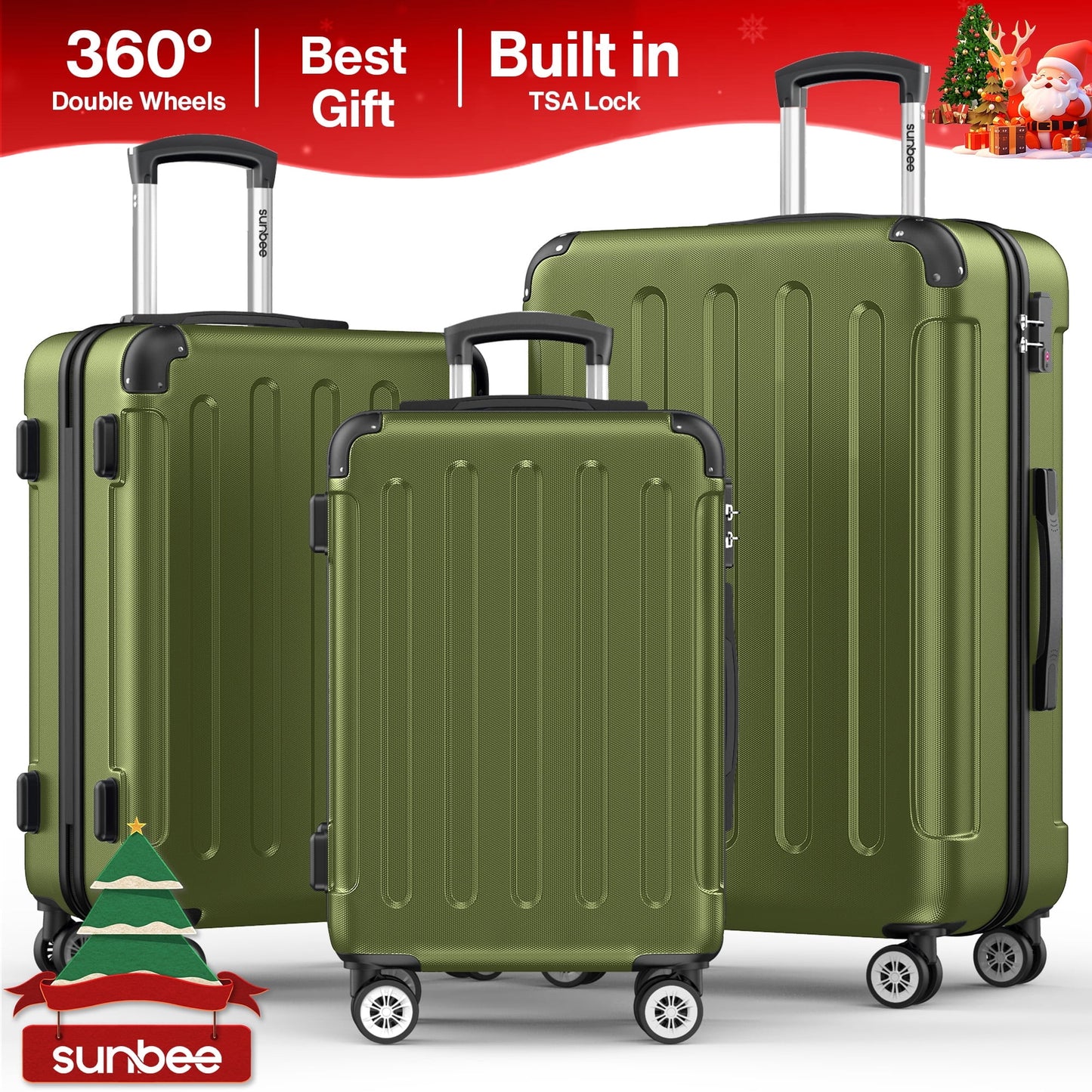 3 Piece Luggage Sets Hardshell Lightweight Suitcase with TSA Lock Spinner Wheels, Olive Green
