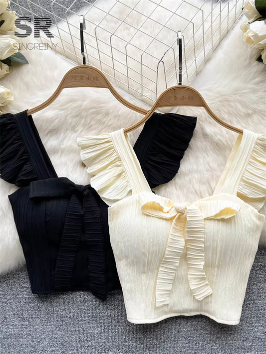 Elevate Your Summer Wardrobe with Our Chic Ruffled Camisole Featuring a Stylish Square Neck and Adorable Bow - Perfect for Casual Outings!
