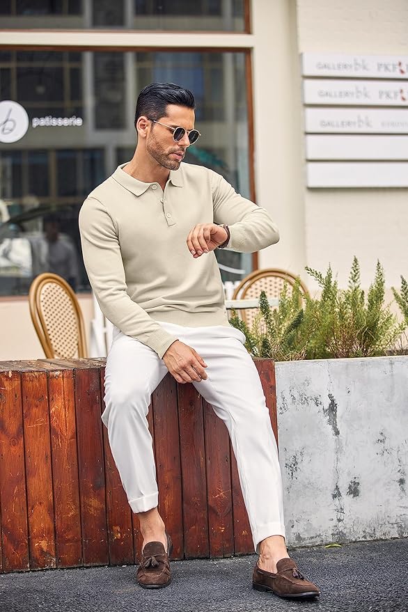 COOFANDY Long Sleeve Polo Shirts for Men Knit Polo Sweater Lightweight Ribbed Pullover Sweater Kiki of DC Styles Store