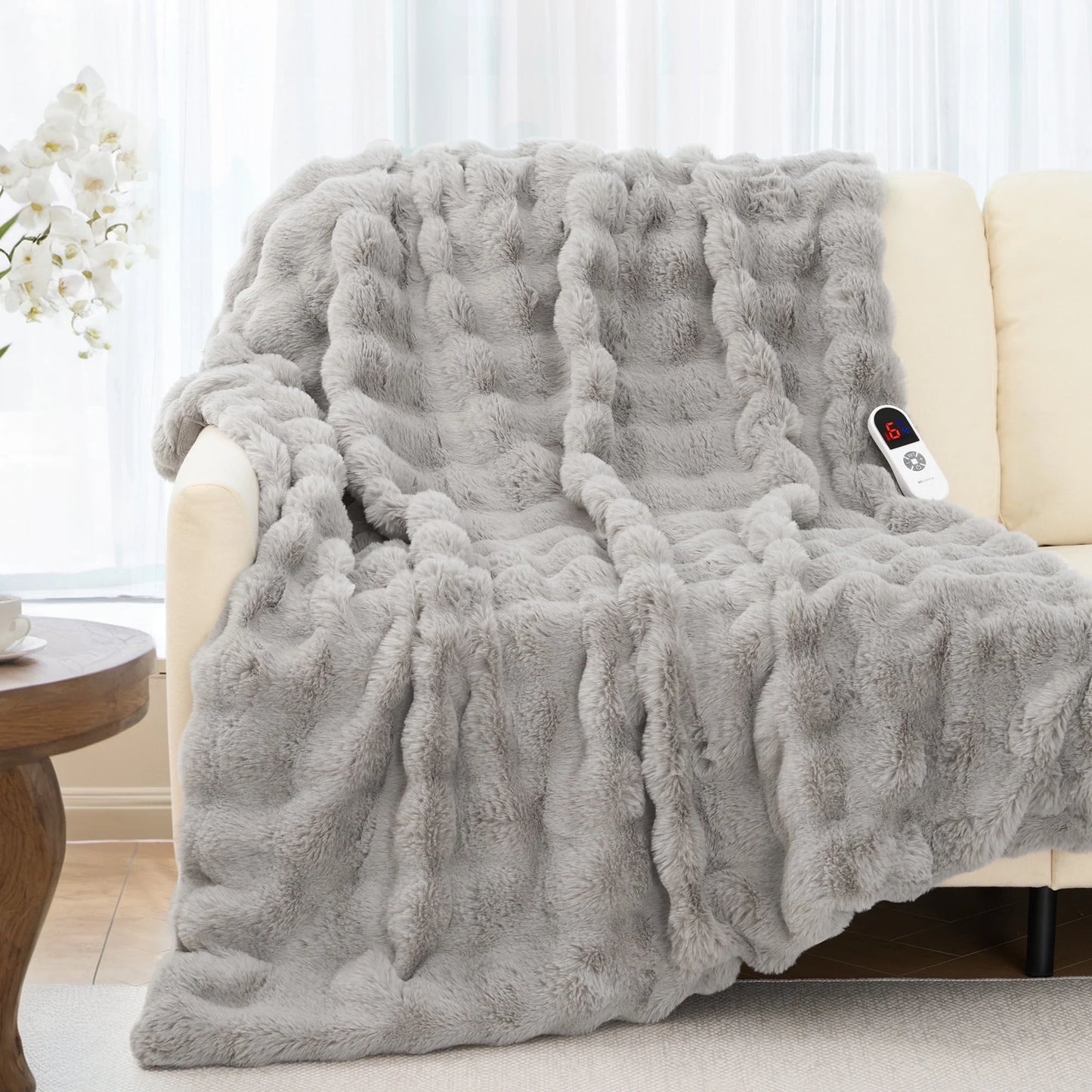 Electric Throw Blanket 50"X60", Faux Fur Heated Throw, 6 Heating Levels, 4 Hours Timer, Gray - Kiki of DC Styles Store