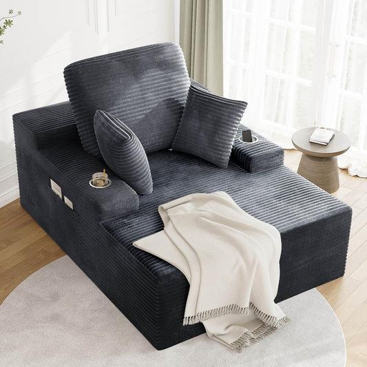 LIKIMIO 49" Oversized Chaise Lounge Sofa Bed with 2 Cup Holders & Storage Pocket - Plush Corduroy Upholstered, No Assembly Cloud Couch for Living Room, Bedroom, or Reading Nook - Kiki of DC Styles Store