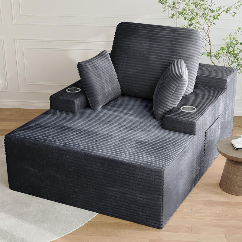 LIKIMIO 49" Oversized Chaise Lounge Sofa Bed with 2 Cup Holders & Storage Pocket - Plush Corduroy Upholstered, No Assembly Cloud Couch for Living Room, Bedroom, or Reading Nook - Kiki of DC Styles Store