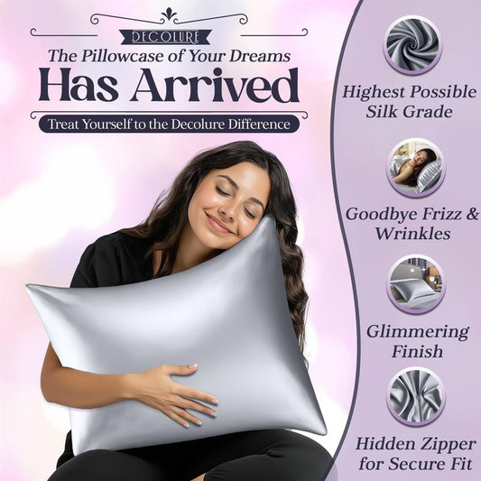 DECOLURE 100% Pure Mulberry Silk Pillow Case Standard Size – Highest Grade 30 Momme 6A+, Luxuriously Soft & Cooling Silk Pillowcase for Hair & Skin, Hypoallergenic, Breathable, Hidden Zipper - Kiki of DC Styles Store