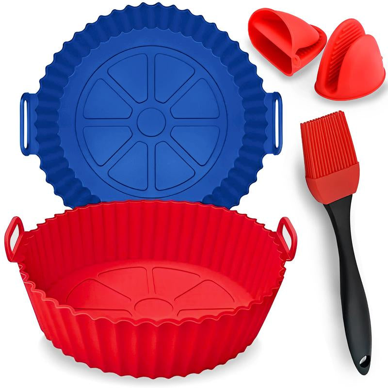 Air Fryer Silicone Liners Pack of 2 with Brush & Holding Gloves, Basket Bowl, Replacement of Flammable Parchment Paper, Reusable Fruit Kitchen Oil Pot - Kiki of DC Styles Store
