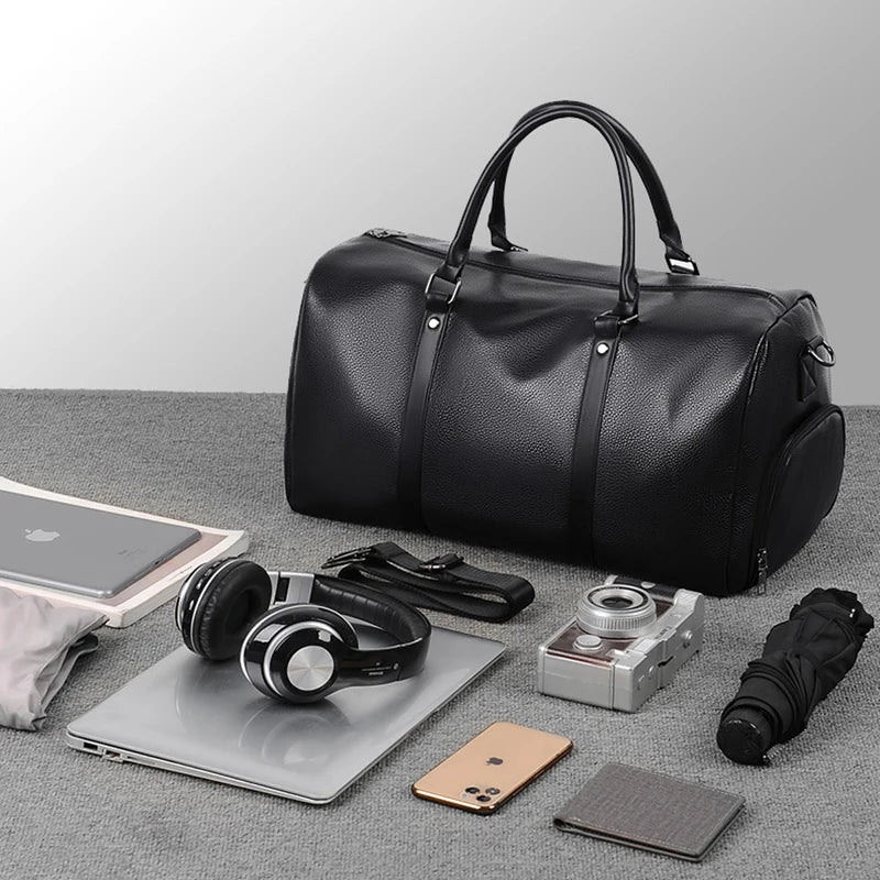 Men's Travel Handbag Casual Tote Bag PU Leather Male Gym Boston Shoes Pocket Fitness Luggage Duffle Shoulder Sports Side Bag
