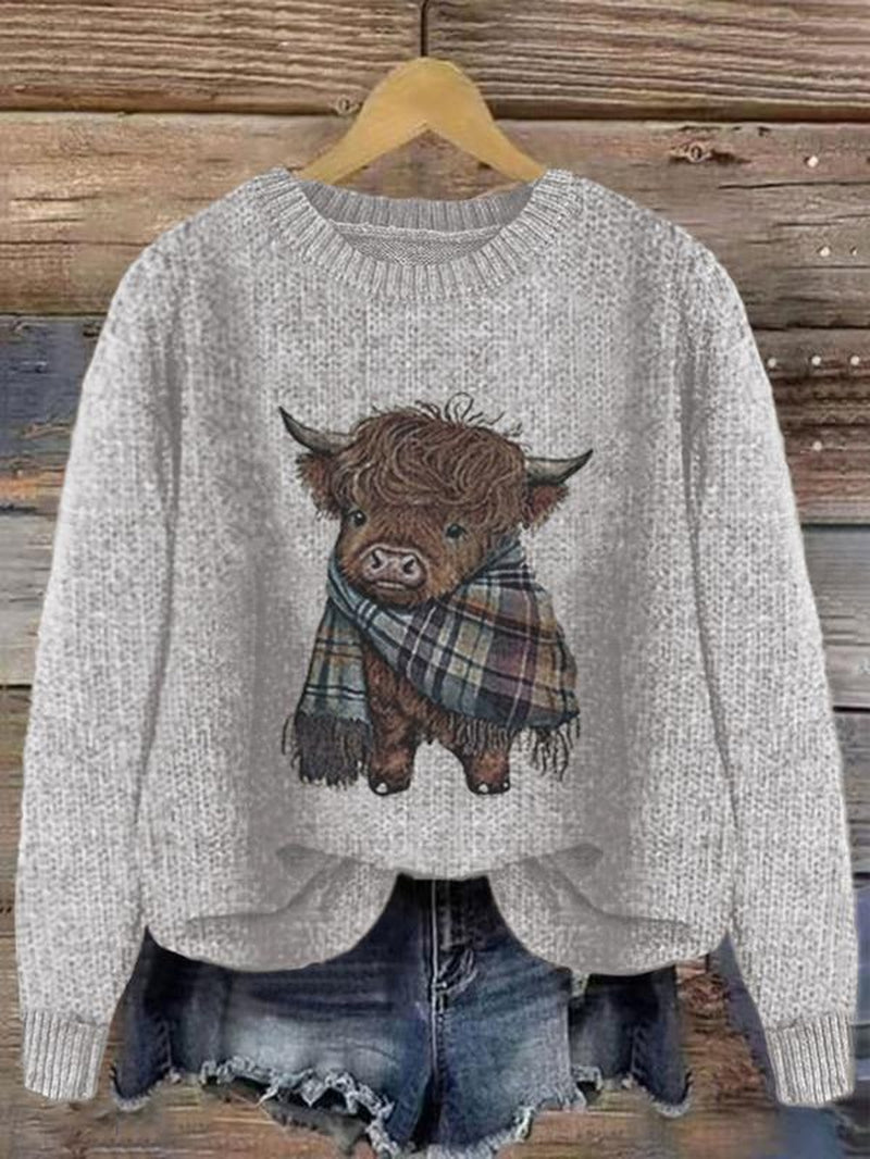 Women'S Cartoon Animal Print round Neck Sweater, Casual Long Sleeve Crew Neck Jumper for Fall & Winter, Fashion Women'S Knitwear for Daily Wear, Tops, Womenswear - Kiki of DC Styles Store