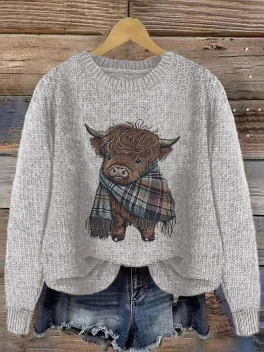 Women'S Cartoon Animal Print round Neck Sweater, Casual Long Sleeve Crew Neck Jumper for Fall & Winter, Fashion Women'S Knitwear for Daily Wear, Tops, Womenswear - Kiki of DC Styles Store