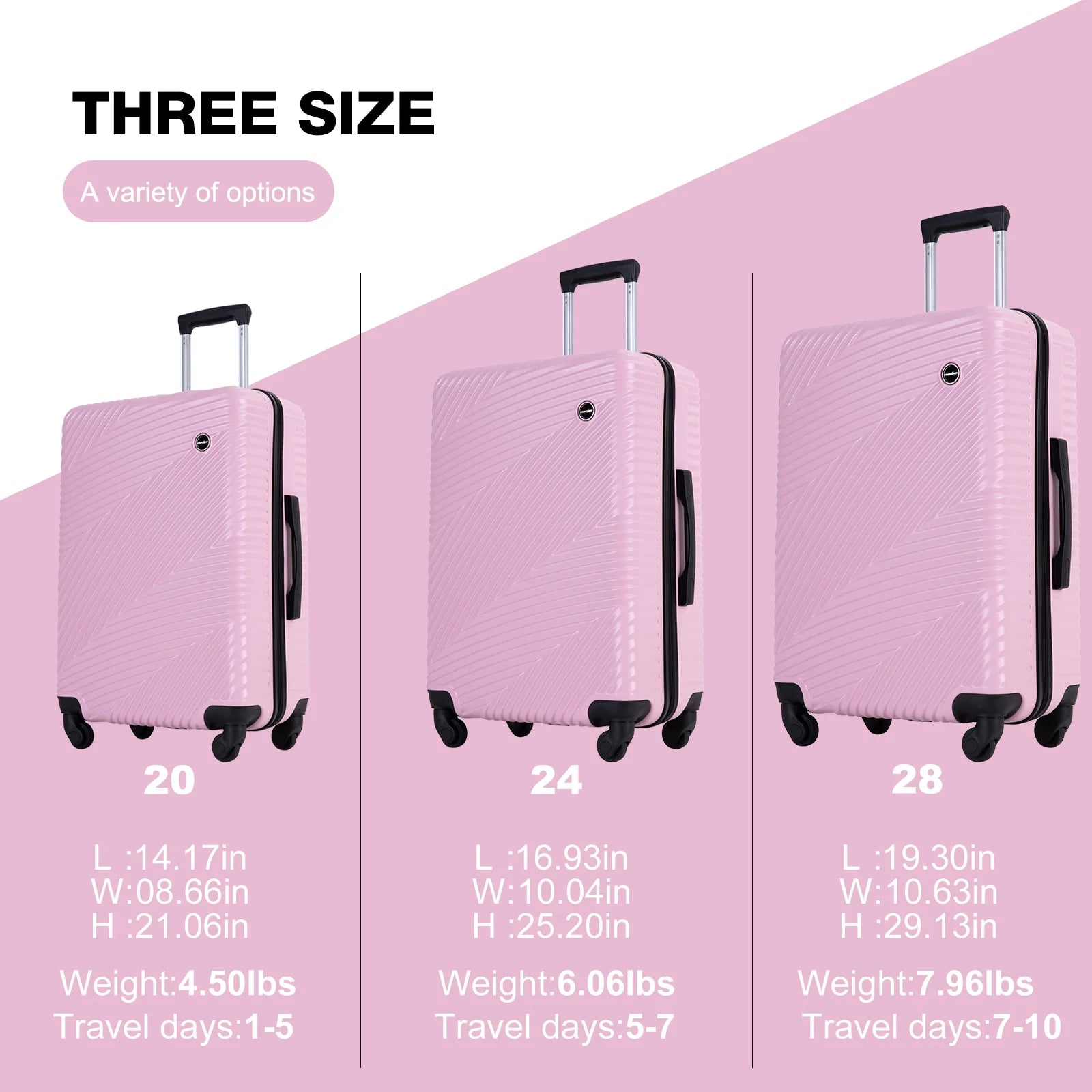 Luggage 3 Piece Set,Suitcase with Spinner Wheels Hardside Lightweight Luggage 20In24In28In.(Pink)