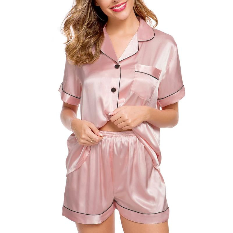 Womens Silk Satin Pajamas Short Sleeve Loungewear Two-Piece Sleepwear Pj Set D1 - Kiki of DC Styles Store