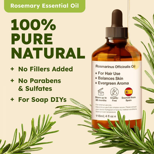 100% Pure & Natural Rosemary Oil for Hair, Skin, Aromatherapy & Soap Making Scent (4 Fl Oz / 118 Ml) - Kiki of DC Styles Store