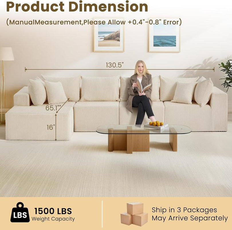 Oversize 131” L Shaped Modular Sectional Sofa Cloud Couches for Living Room,No Assembly Corduroy Convertible Sleeper Sofa Bed,Compression Memory Foam - Kiki of DC Styles Store