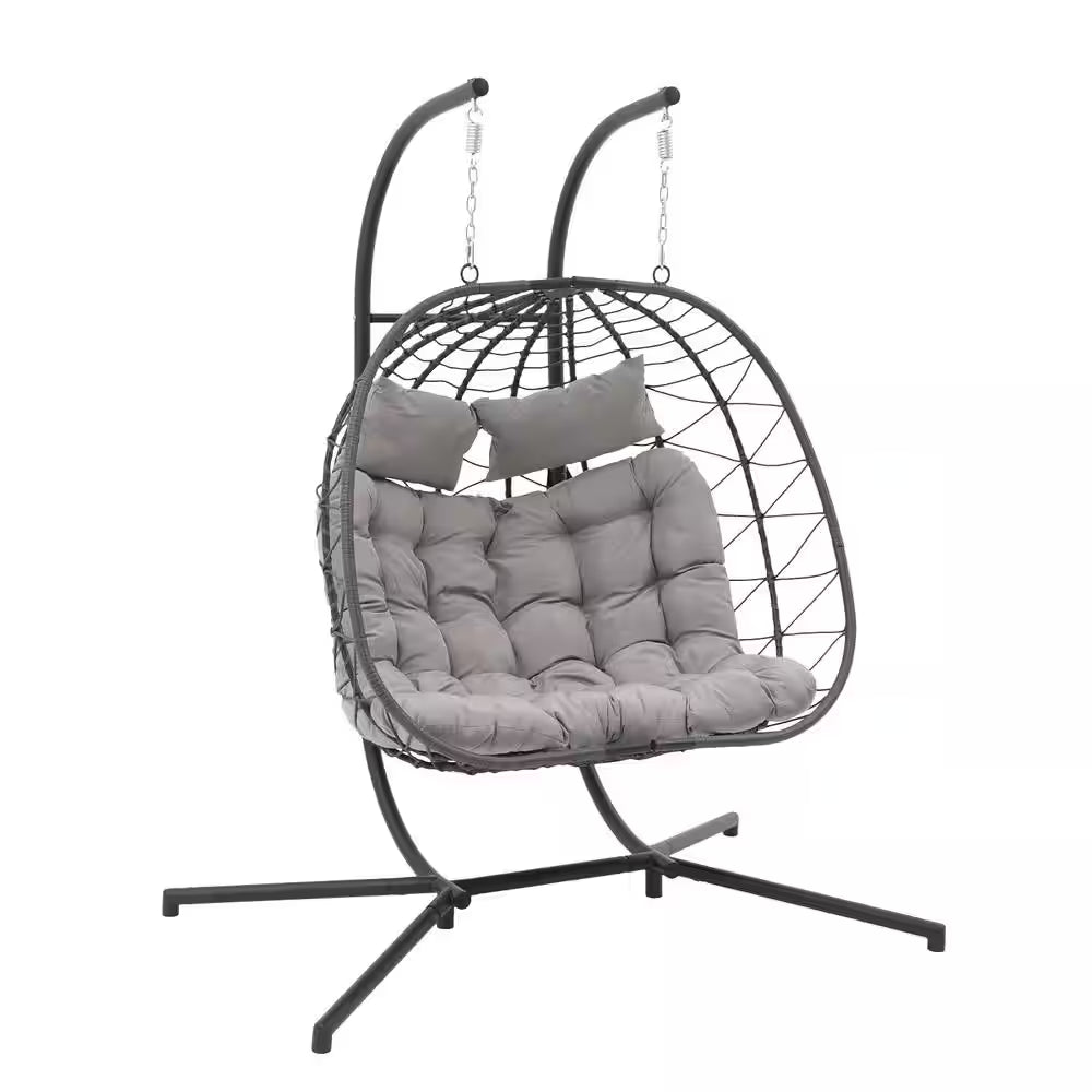 Wicker Grey Indoor Outdoor 2-Person Double Porch Swing Egg Chair with Grey Cushions - Kiki of DC Styles Store