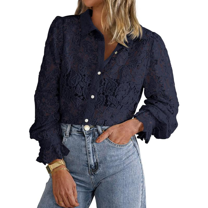 BTFBM Women'S Lace Blouses Long Sleeve Button down Tops 2025 Fall Fashion Shirt - Kiki of DC Styles Store