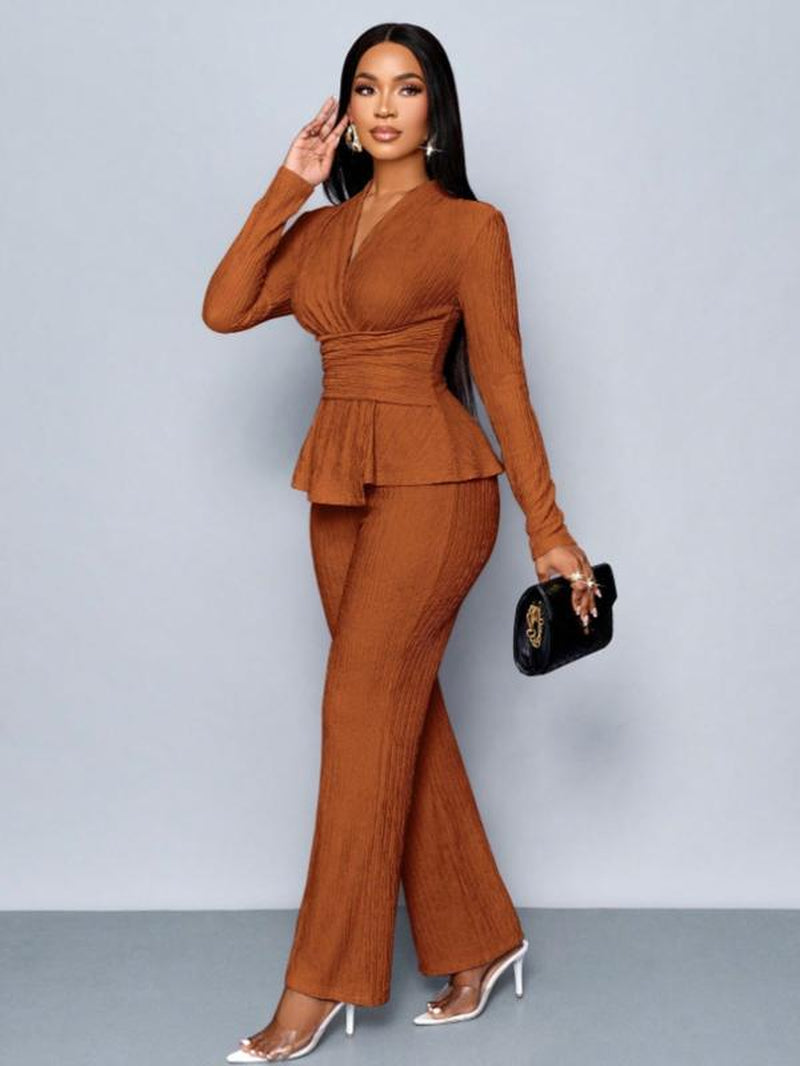 Women'S Apricot Color Elegant V Neck Long Sleeve T-Shirt and Wide Leg Pants Two Piece Set, Asymmetrical Hem Two-Piece Outfits, Casual Daily Wear, Clothes - Kiki of DC Styles Store