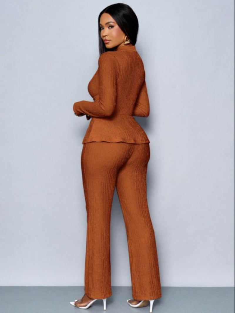 Women'S Apricot Color Elegant V Neck Long Sleeve T-Shirt and Wide Leg Pants Two Piece Set, Asymmetrical Hem Two-Piece Outfits, Casual Daily Wear, Clothes - Kiki of DC Styles Store