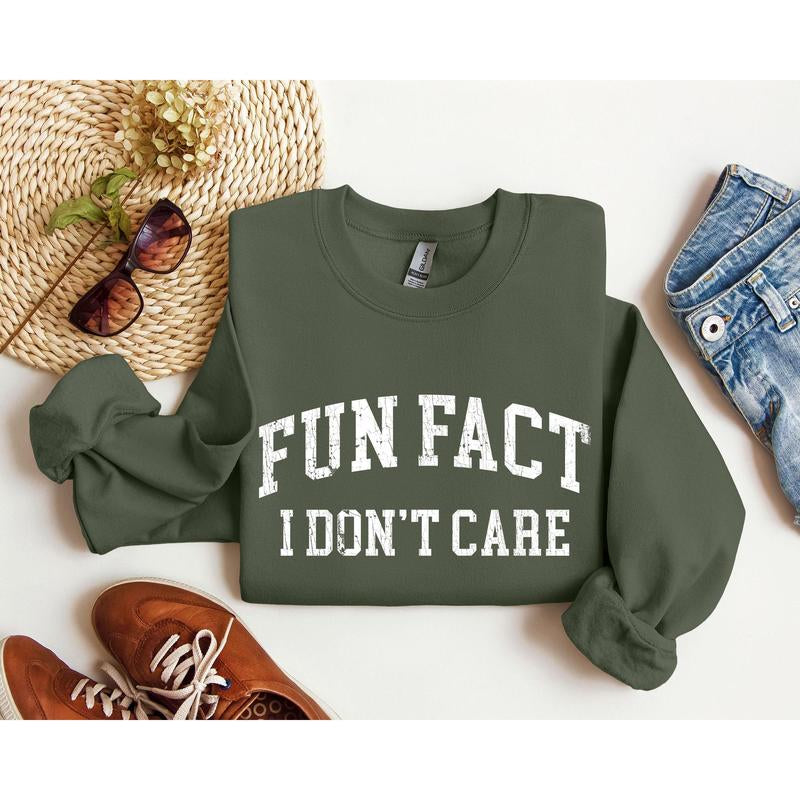 Sarcastic "Fun Fact: I Don't Care" Funny Women's Crew Neck Sweatshirt - Perfect for College Days!