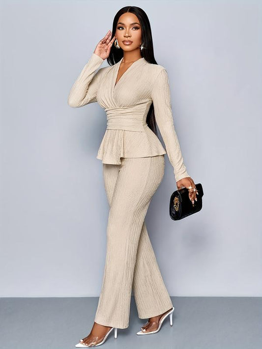 Women'S Apricot Color Elegant V Neck Long Sleeve T-Shirt and Wide Leg Pants Two Piece Set, Asymmetrical Hem Two-Piece Outfits, Casual Daily Wear, Clothes - Kiki of DC Styles Store