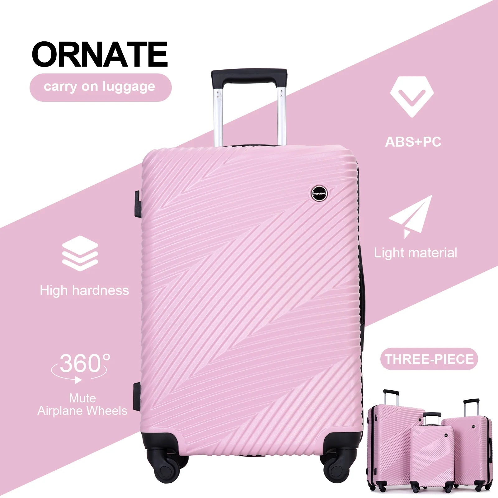 Luggage 3 Piece Set,Suitcase with Spinner Wheels Hardside Lightweight Luggage 20In24In28In.(Pink)