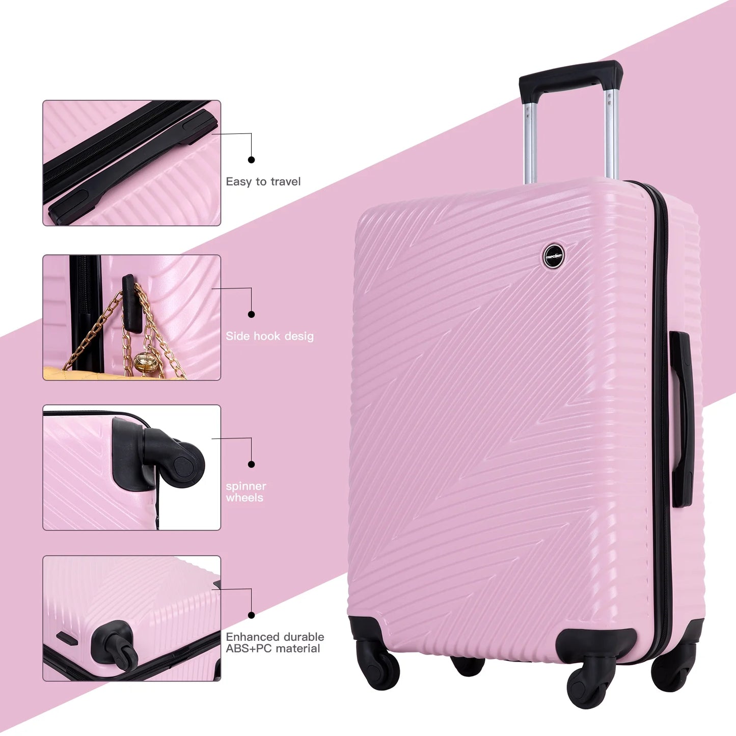 Luggage 3 Piece Set,Suitcase with Spinner Wheels Hardside Lightweight Luggage 20In24In28In.(Pink)