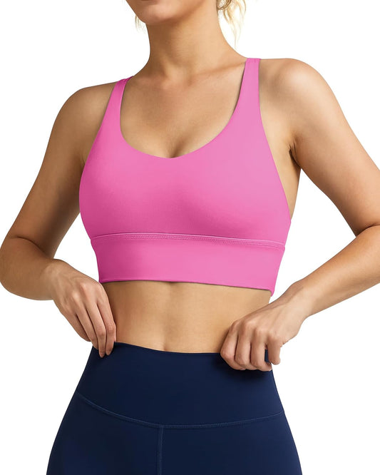 Women'S Strappy Longline Sports Bra Crisscross Back Medium Support Padded Workout Tank Yoga Crop Top - Kiki of DC Styles Store