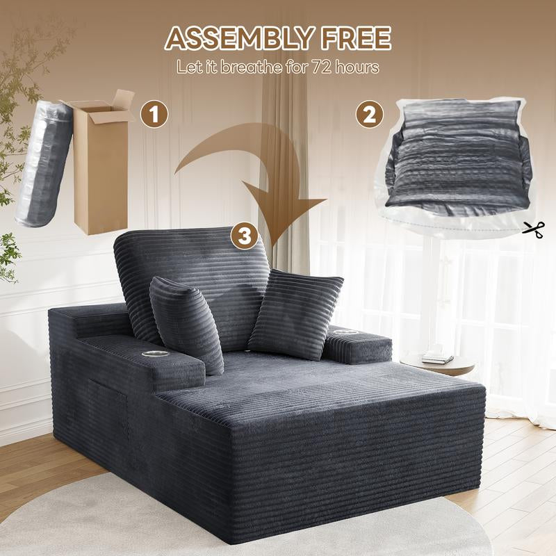 LIKIMIO 49" Oversized Chaise Lounge Sofa Bed with 2 Cup Holders & Storage Pocket - Plush Corduroy Upholstered, No Assembly Cloud Couch for Living Room, Bedroom, or Reading Nook - Kiki of DC Styles Store