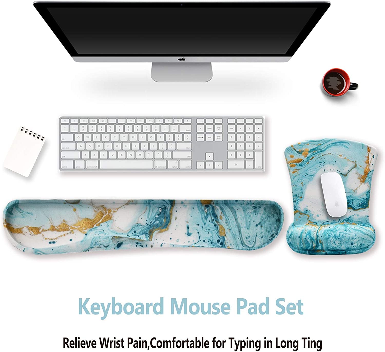 Keyboard Wrist Rest and Mouse Pad with Wrist Support, Ergonomic Mouse Pad, Durable Comfortable Lightweight for Easy Typing Pain Relief, Memory Foam Keyboard Mousepad Set, Teal Turqoise Marble - Kiki of DC Styles Store